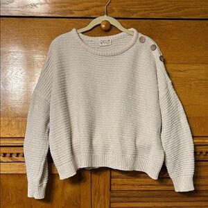 Poof Apparel White Chenille Pullover Button Trim Cropped Knit Sweater